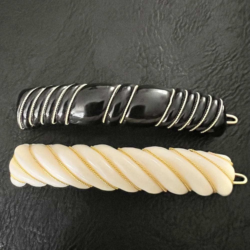 Vintage Twisted Resin Hair Barrette‎ Set Black Cream Gold Tone 3.5
